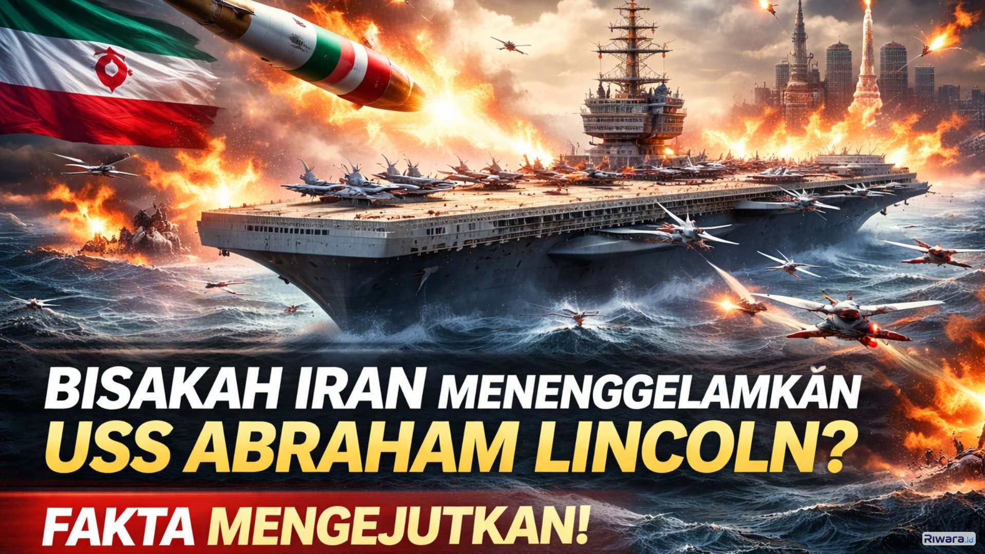 Ilustrasi dramatis kapal induk USS Abraham Lincoln di tengah serangan rudal dan drone, menggambarkan ketegangan konflik Iran&ndash;Amerika Serikat di perairan Timur Tengah.